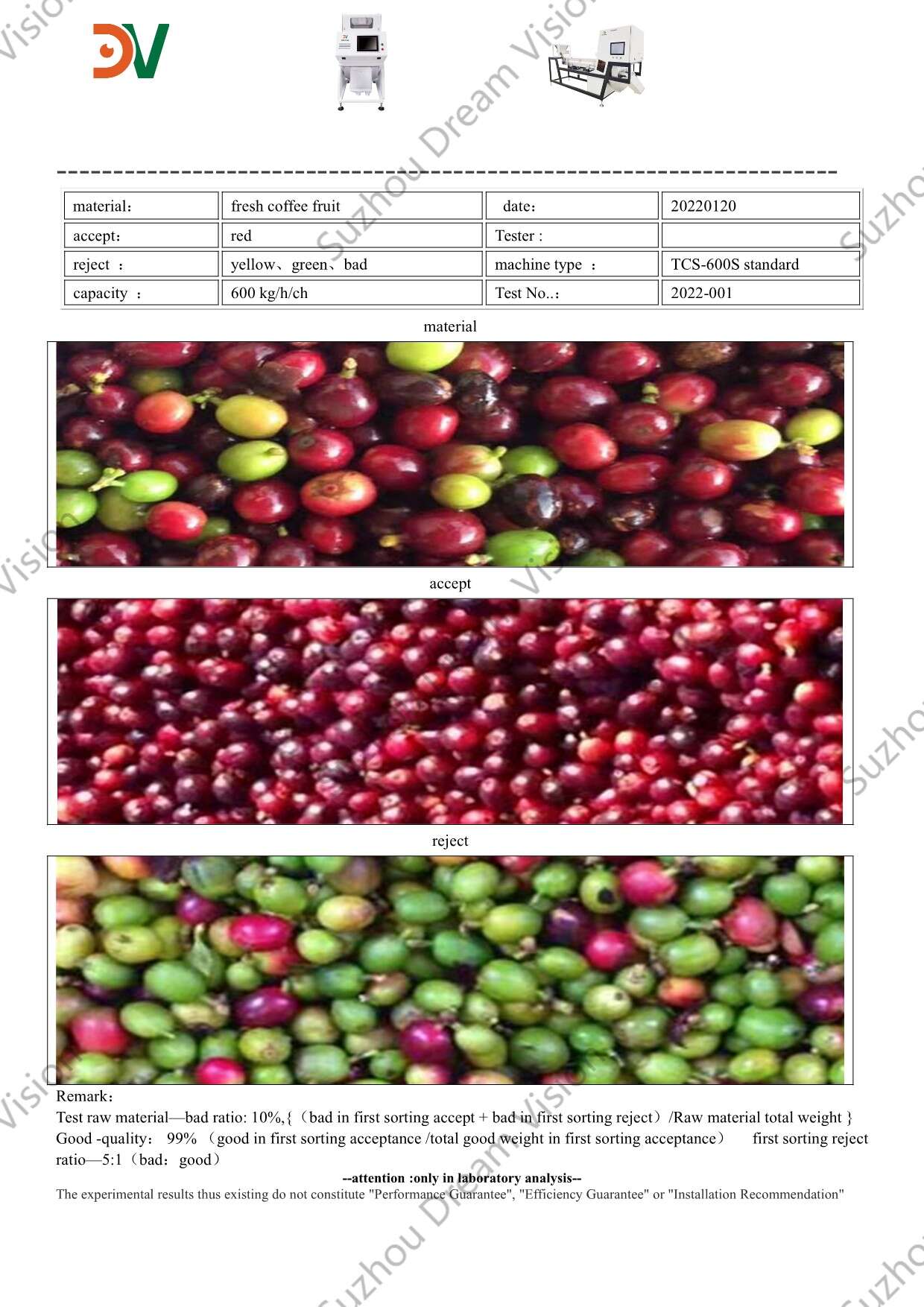 Informe del clasificador de color de fruta de café fresco