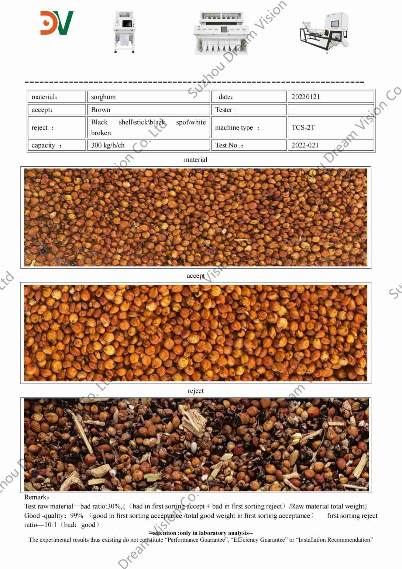 Informe de prueba del clasificador de color de sorgo