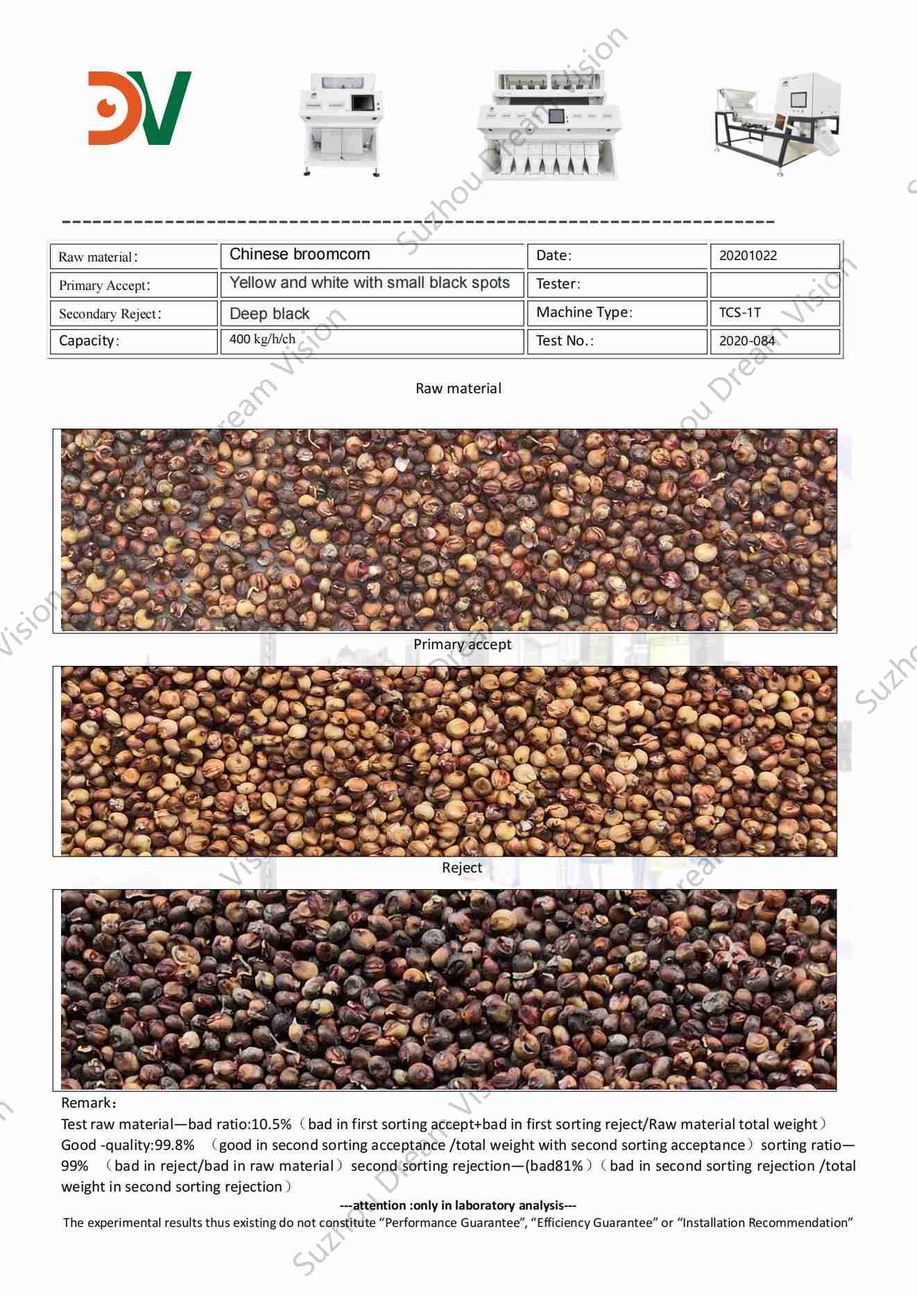 Informe de prueba del clasificador de color de maíz de escoba chino