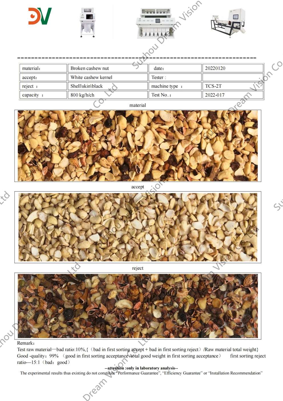 Informe de prueba del clasificador de color de anacardo roto