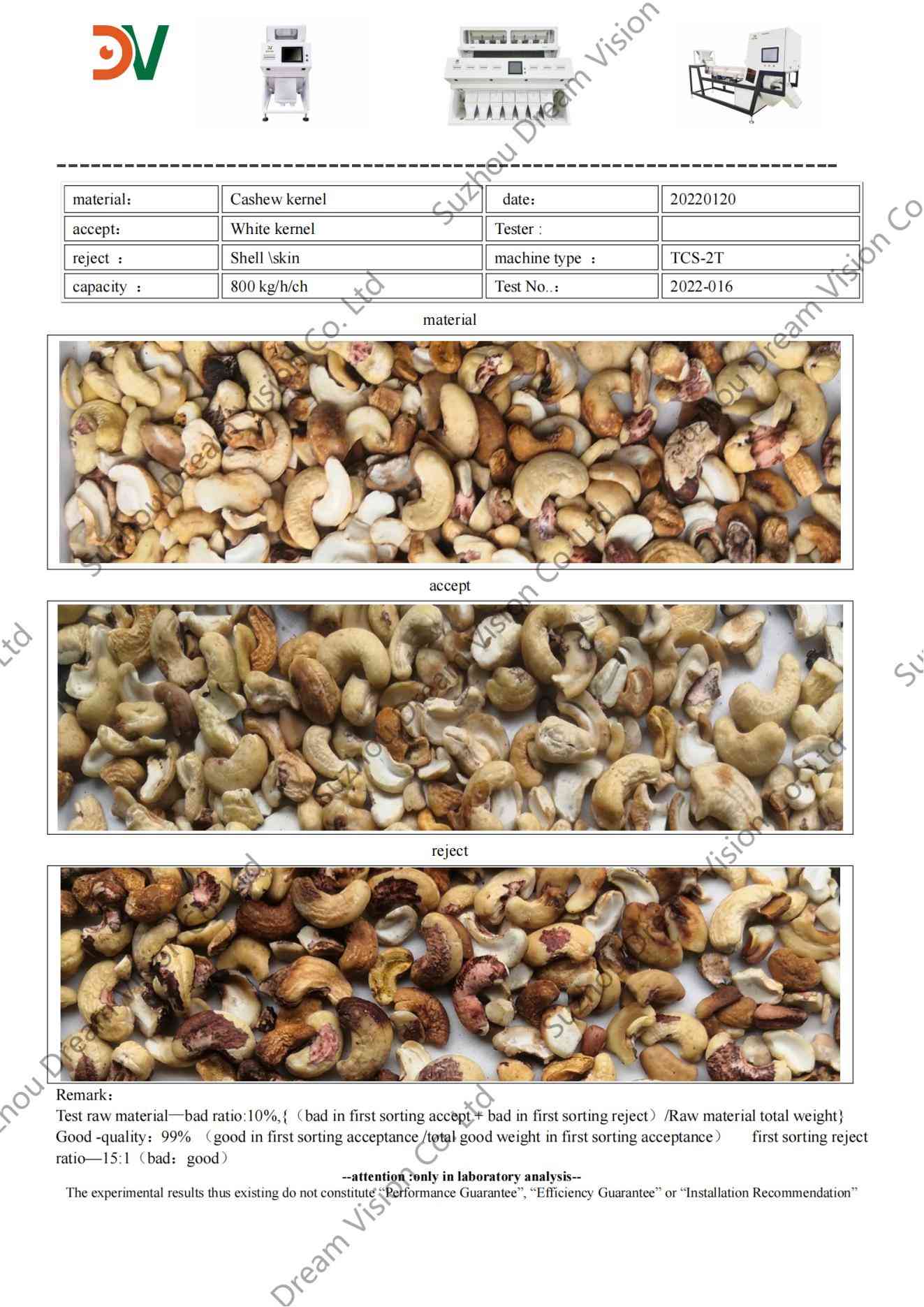 Informe de prueba del clasificador de color de anacardo