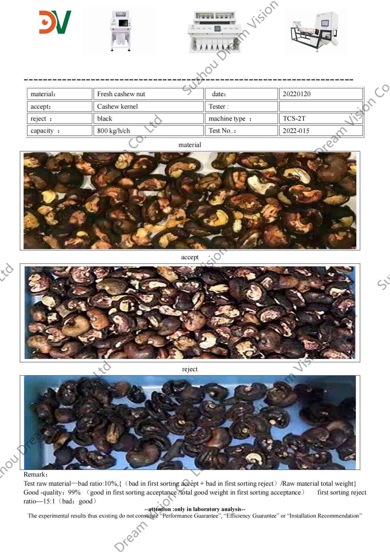 Informe de prueba del clasificador de color de anacardo fresco