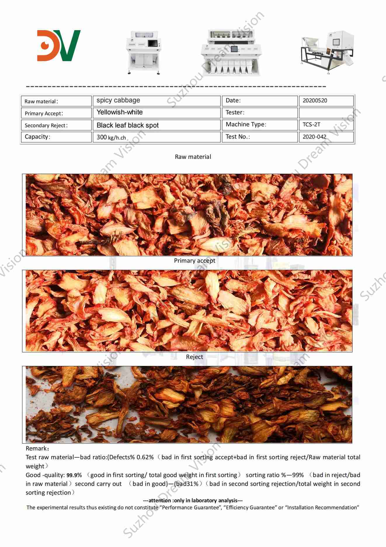 Informe de prueba del clasificador de color de repollo picante