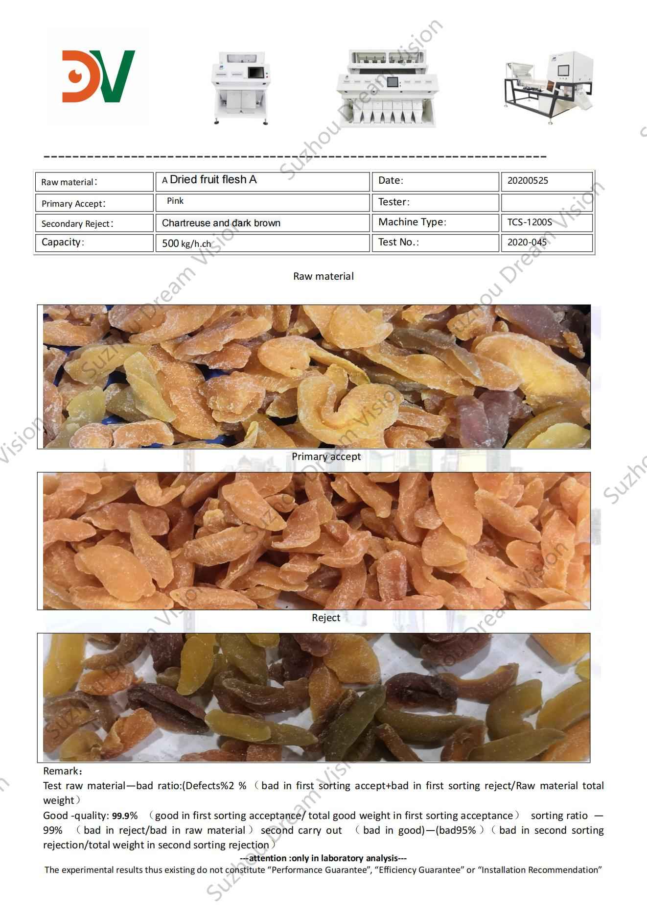 Informe de prueba del clasificador de color de pulpa de frutos secos