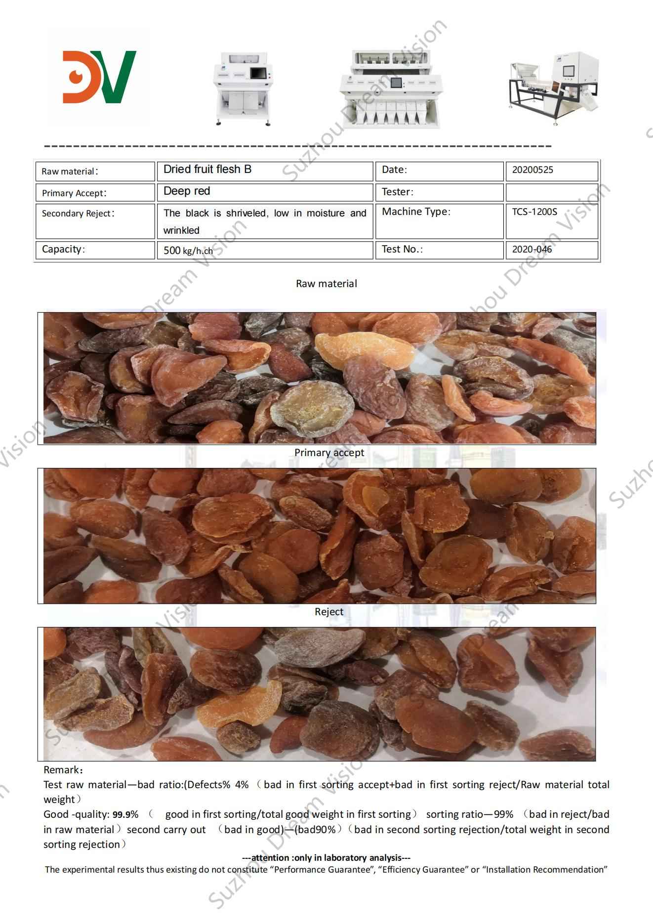 Informe de prueba del clasificador de color de pulpa de frutos secos