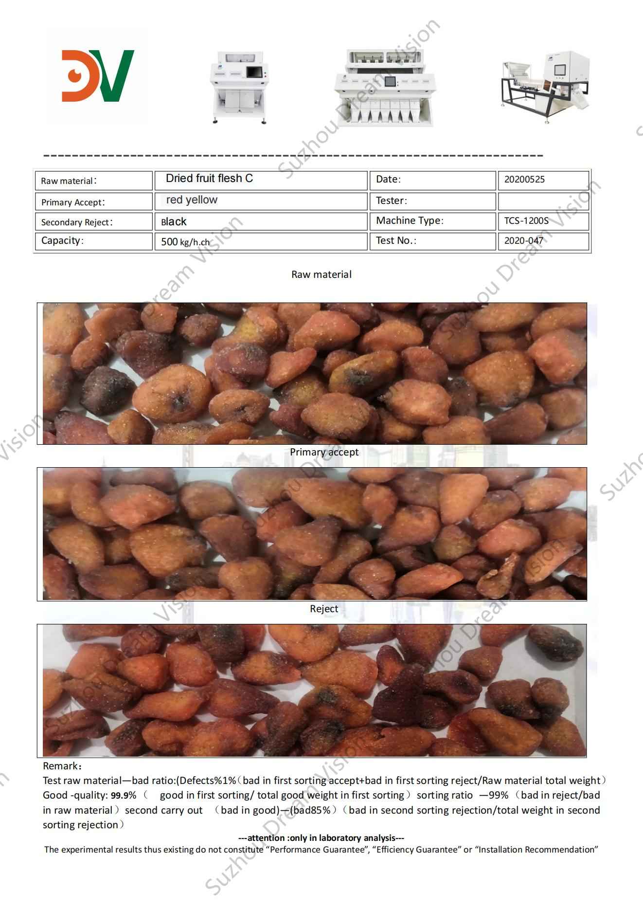 Informe de prueba del clasificador de color de pulpa de frutos secos