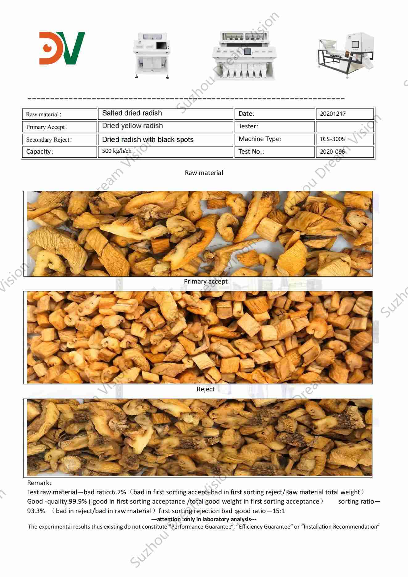 Informe de prueba del clasificador de color de rábano seco salado