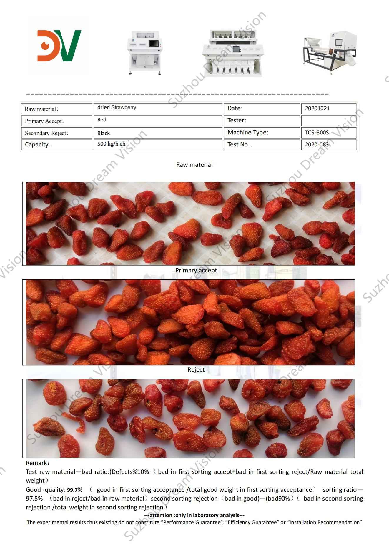 Informe de prueba del clasificador de color de fresa seca