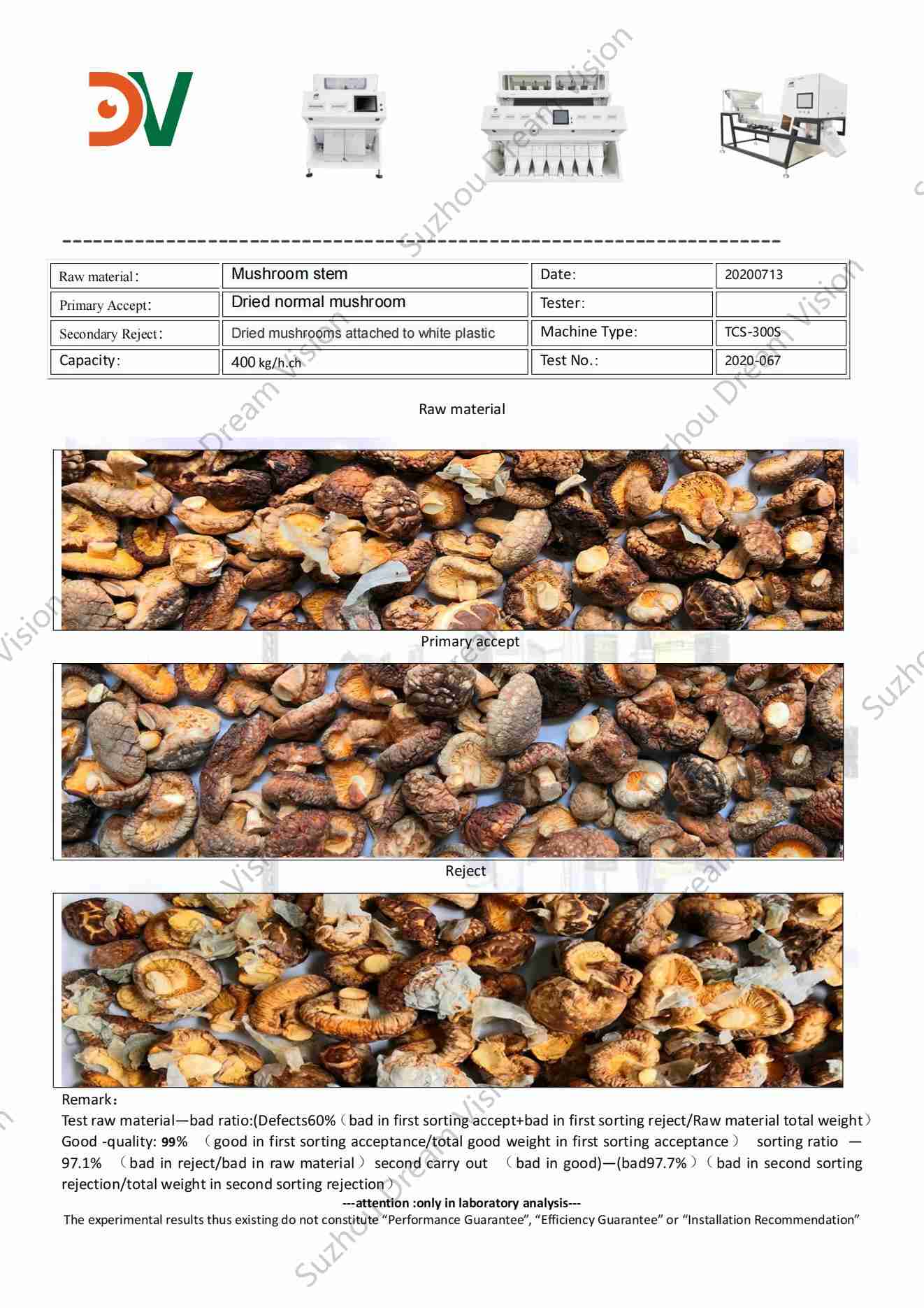 Informe de prueba del clasificador de color de tallo de hongo