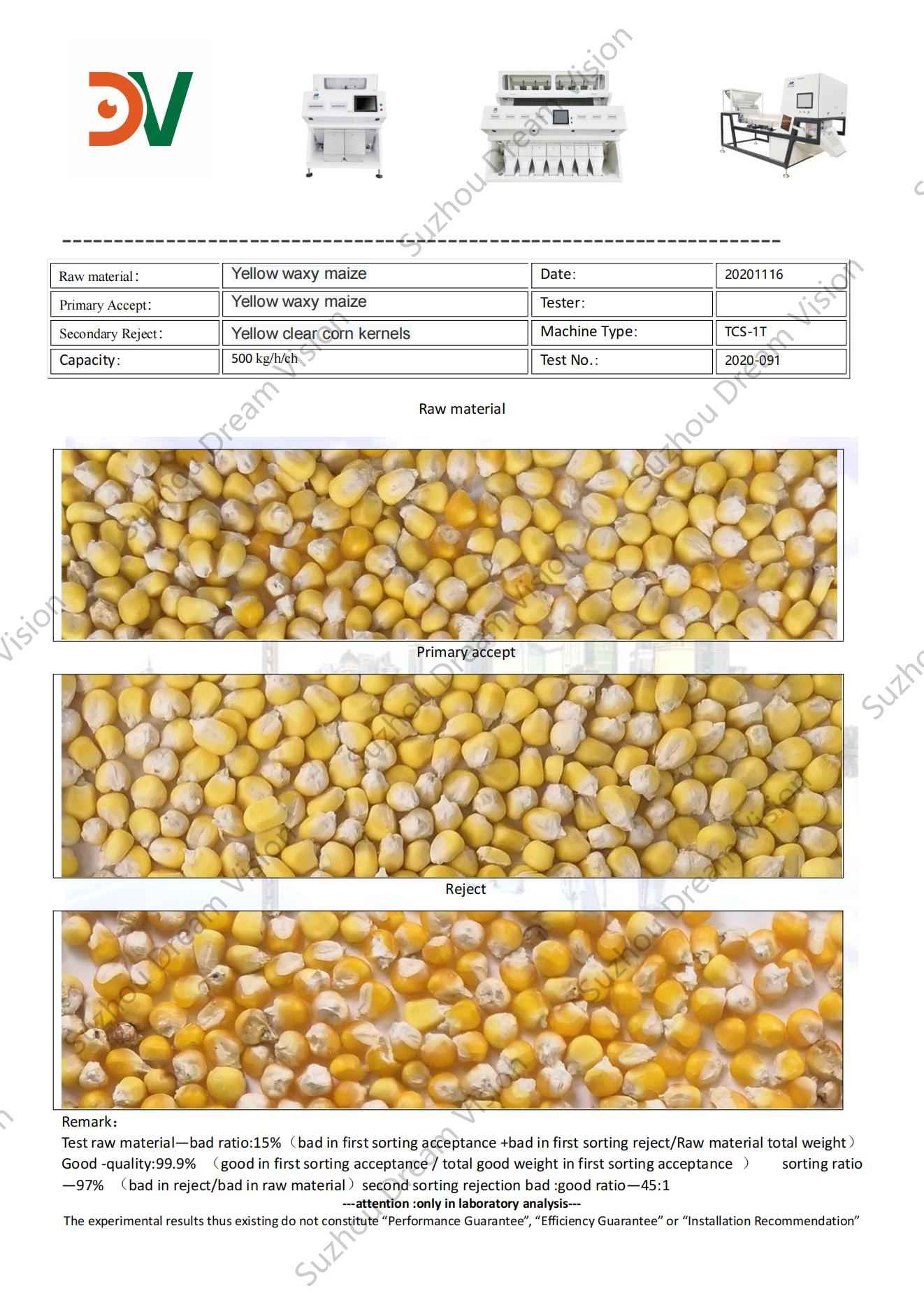 Informe de prueba del clasificador de color amarillo ceroso Maise