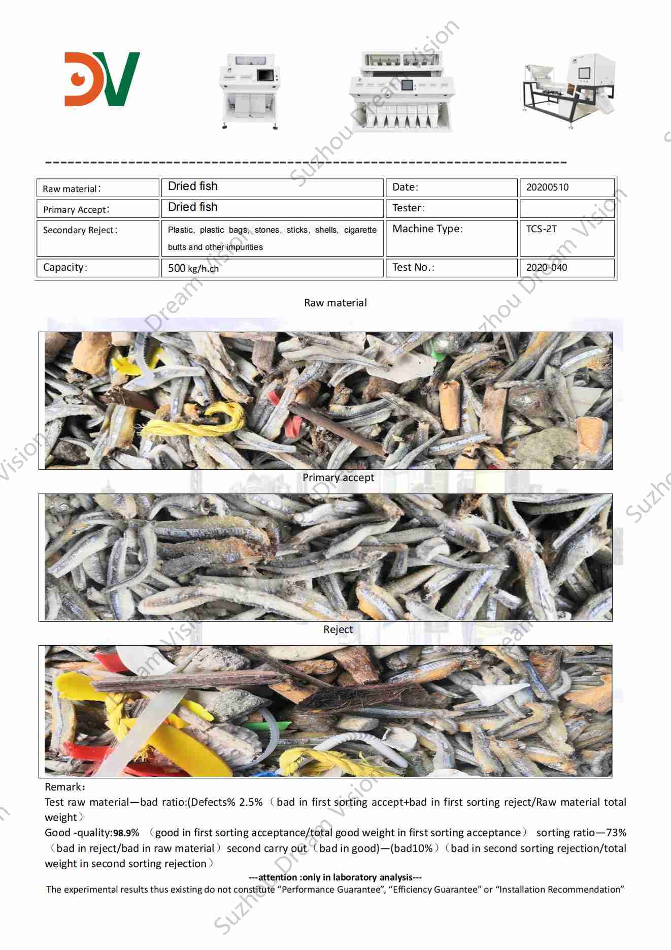 Informe de prueba del clasificador de color de pescado seco