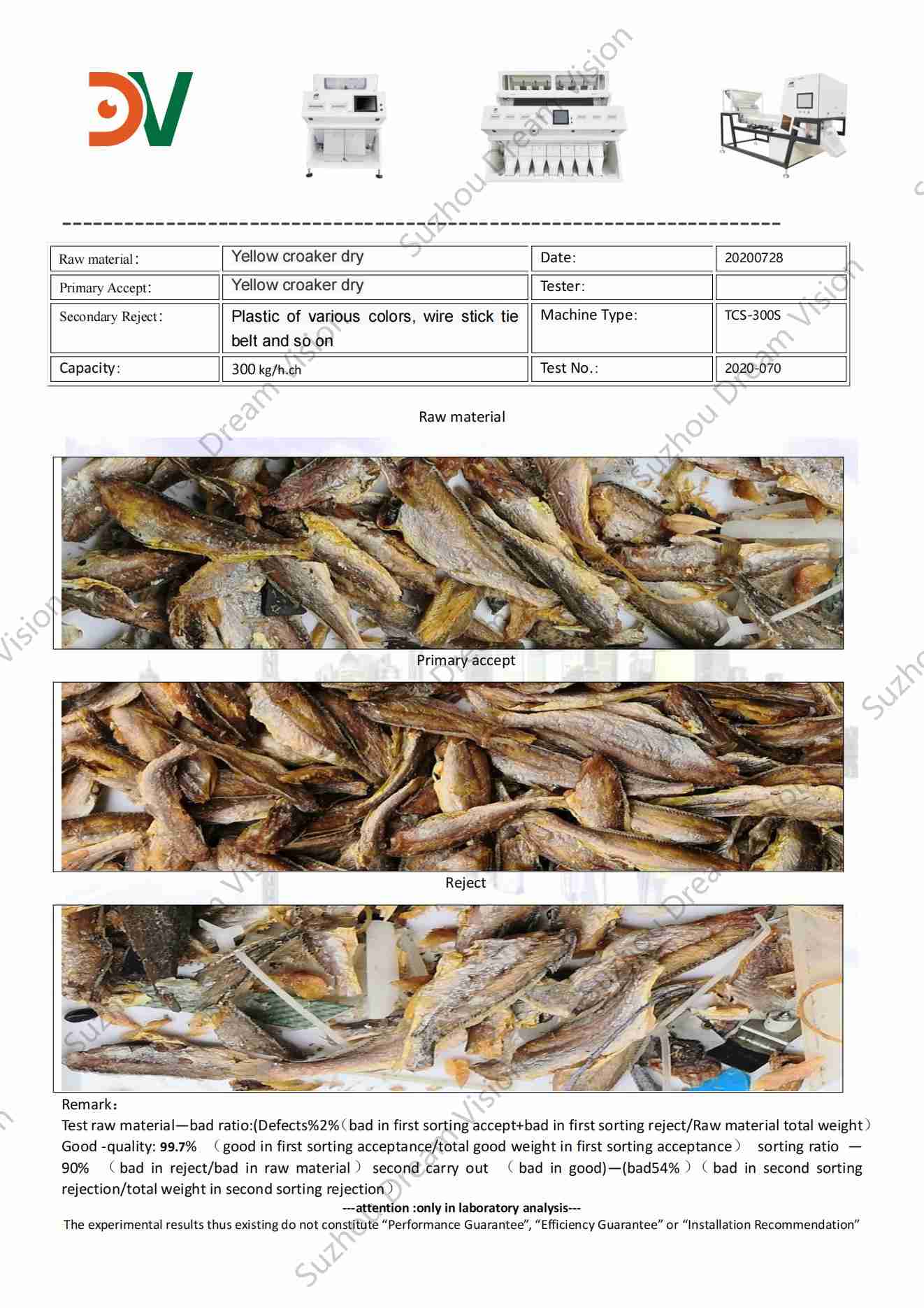 Informe de prueba del clasificador de color seco de corvina amarilla